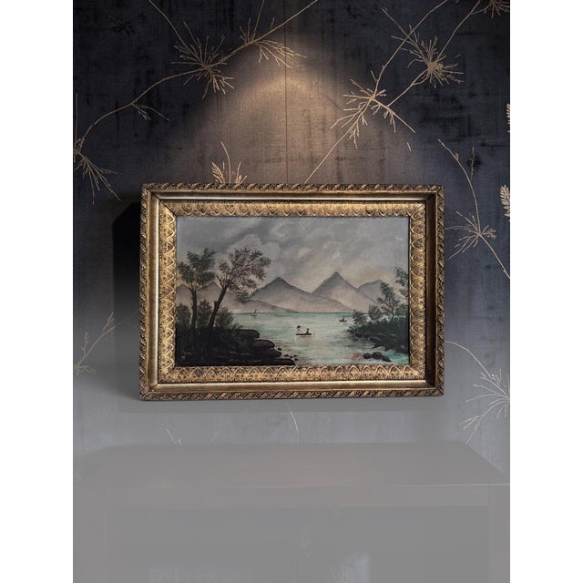 Antique American Folk Art Mountain Lake Landscape Oil Painting on Artist’s Board, C. 1900 For Sale - Image 4 of 12