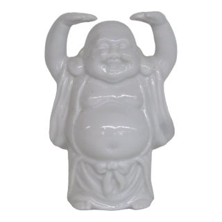 White Ceramic Laughing Buddha With Arms Raised Hotei Figurine Gloss Finish 5027b For Sale