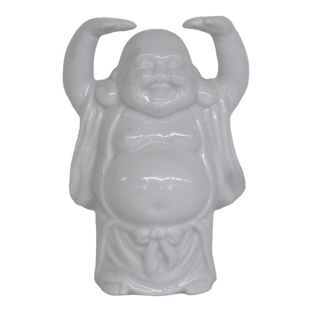 White Ceramic Laughing Buddha With Arms Raised Hotei Figurine Gloss Finish 5027b For Sale