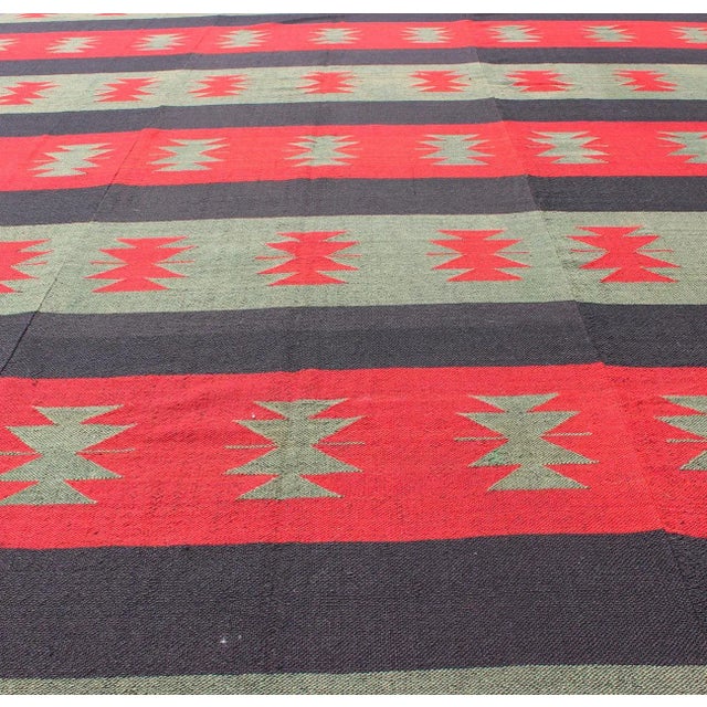 Large Vintage Kilim Rug With Tribal Shapes and Stripes in Red, Brown and Green For Sale - Image 10 of 13
