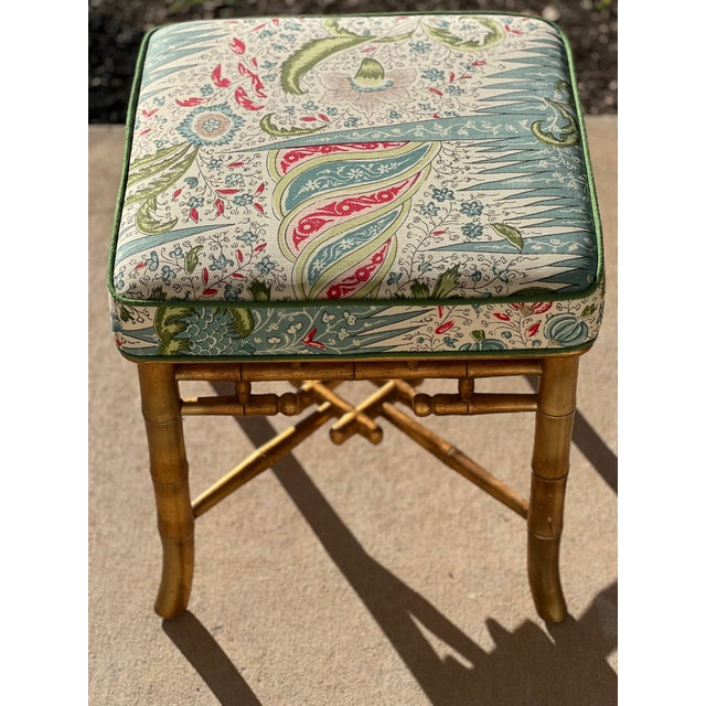 Chinese Chippendale Giltwood Faux Bamboo Bench in Quadrille Les Indiennes For Sale - Image 15 of 18