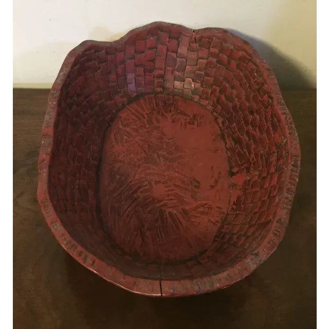 Japanese Antique Japanese Red Lacquer Carved Wood Basketweave Centerpiece Bowl For Sale - Image 3 of 13