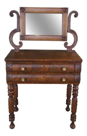 19th C. American Empire Flame Mahogany Shaving Stand Vanity Desk Dressing Table
