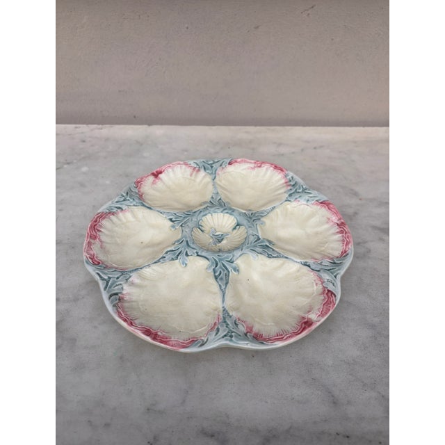 Rare 19th century Majolica oyster plate with pastels colors, shells and seaweeds signed Gien.