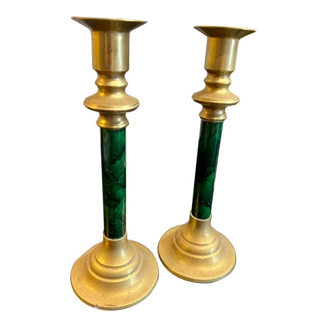 Malachite Style & Brass Candle Holders , Pair For Sale