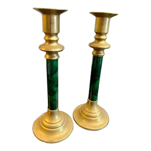 Malachite Style & Brass Candle Holders , Pair