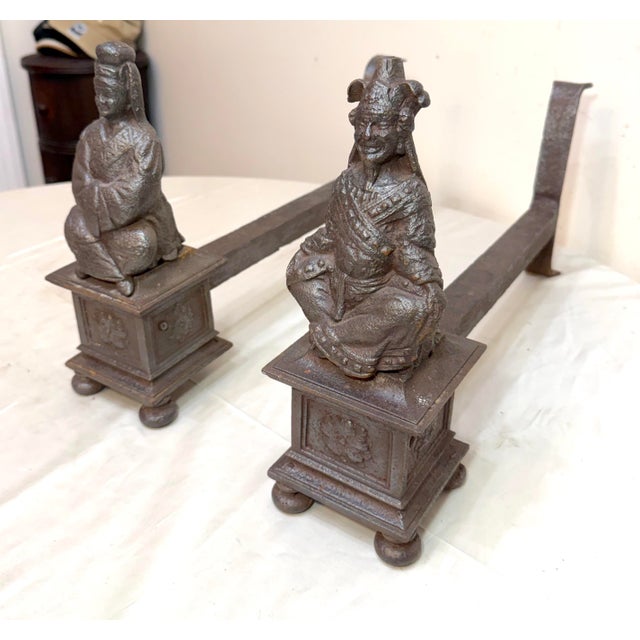 19th Century Antique Pair 19th Century Chinese Emperor & Empress Cast Iron Fireplace Andirons For Sale - Image 5 of 16