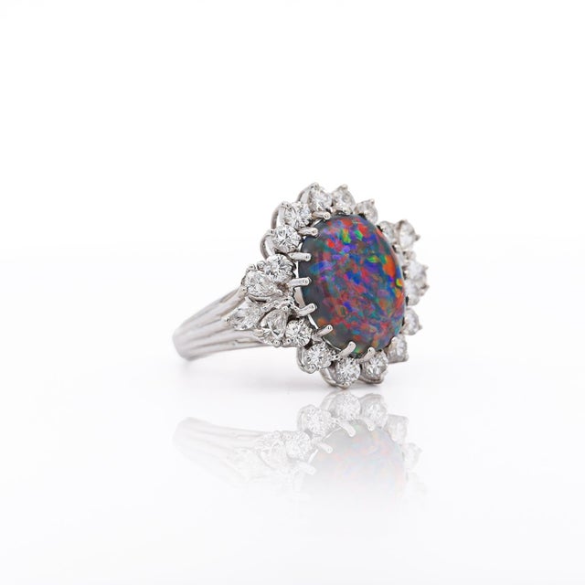 Contemporary Vintage Gia Certified Black Opal Mixed Cut Diamond Halo 14k Cocktail Ring For Sale - Image 3 of 10