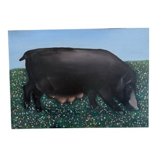 “Sumba Dream” — Signed Folk Art Oil on Wood Panel, Black Sow in Flowering Meadow For Sale