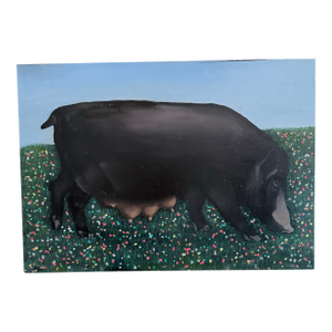 “Sumba Dream” — Signed Folk Art Oil on Wood Panel, Black Sow in Flowering Meadow