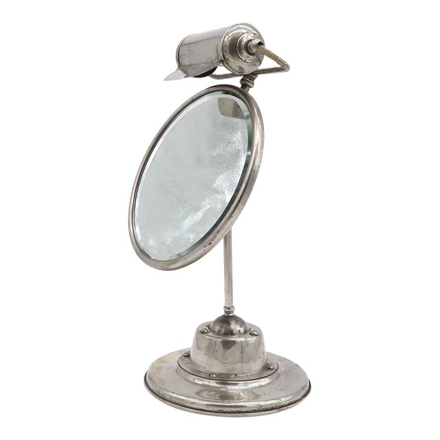 Vintage Nickel Plated Beveled Shaving Mirror With Light For Sale