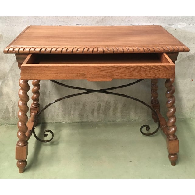19th Spanish Farm Table With Iron Stretchers, Hand-Carved Top and Drawer For Sale - Image 13 of 13