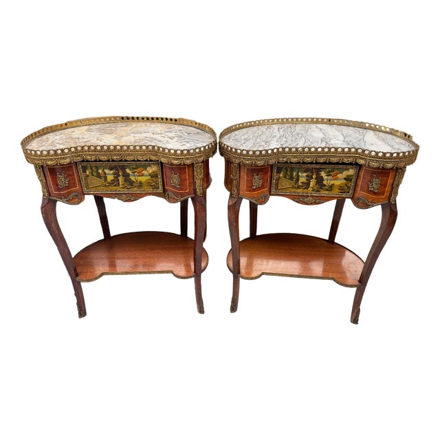 French Marble-Topped Kidney-Shaped Side Tables, Set of 2 For Sale