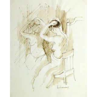 B. Charasson, French Ink Wash- Nu Sur Le Siège Devant Le Miroir (Naked on the Seat) For Sale