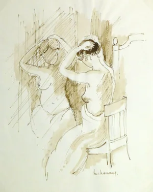 B. Charasson, French Ink Wash- Nu Sur Le Siège Devant Le Miroir (Naked on the Seat)