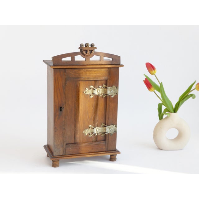 Vintage Dutch Oak Medicine Cabinet with Brass Decor, 1920s For Sale - Image 9 of 9