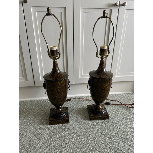 Brown Vintage Neoclassical Handpainted Tole Table Lamps, a Pair For Sale - Image 8 of 9