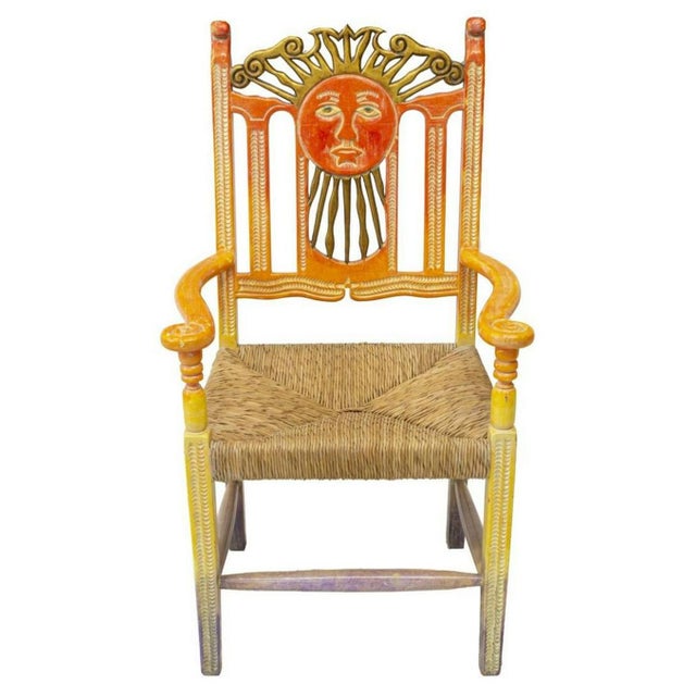 Mexican Folk Art Hand Carved & Painted Ombre Sun God Chair Pair