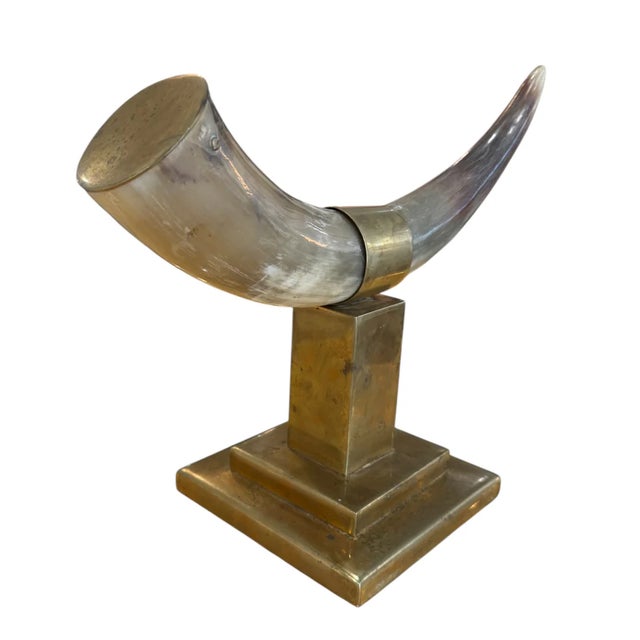 Metal Vintage Natural Horn on Brass Base For Sale - Image 7 of 8