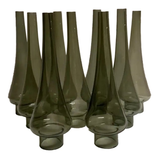 1960s Vintage Smoked Glass Slender Hurricane Shades, Set of 9 For Sale