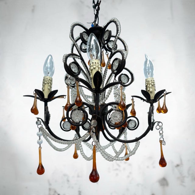 Amber Vintage French Rococo Revival 6-Arm Wrought Iron Chandelier With Amber Glass Drops. For Sale - Image 8 of 12