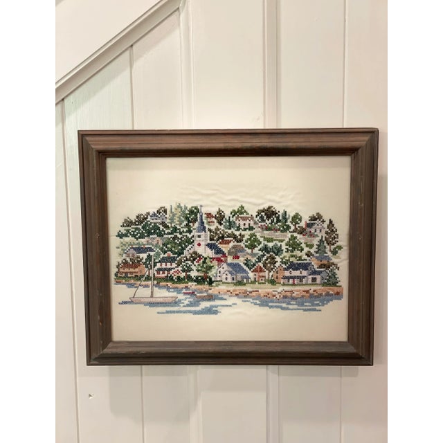 Harbor and Village and Sailboat on the Ocean Framed Textile Art Needlepoint Cross Stitch For Sale In Nashville - Image 6 of 7