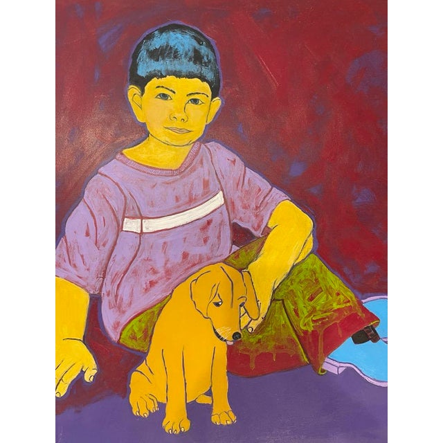 American Boy & Puppy, Original Acrylic Painting, Framed For Sale - Image 3 of 3