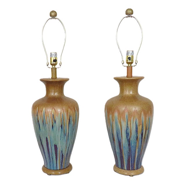 Pair of Drip Glaze Ceramic Pottery Table Lamps For Sale