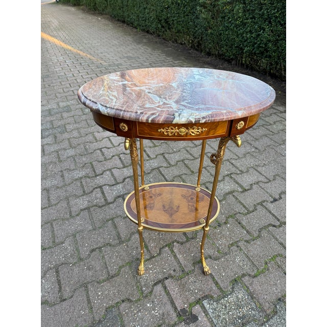 1980 French Louis XVI Gold Mahogany Marble Side Table Bronze For Sale - Image 6 of 11