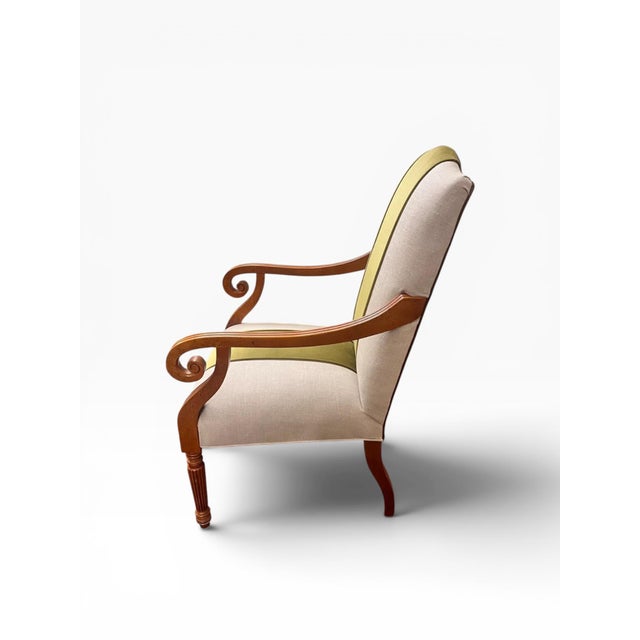Reupholstered Attributed Baker Furniture Milling Road Accent Chair With Embossed Leather Back For Sale In Boston - Image 6 of 11