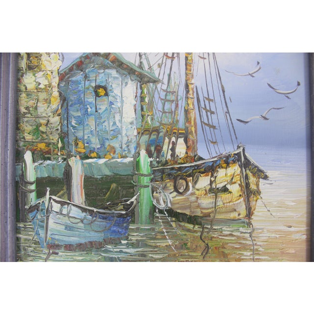 Signed Vintage Oil Painting, Marina Sailboats, Mid-Century Nautical Art For Sale - Image 9 of 9