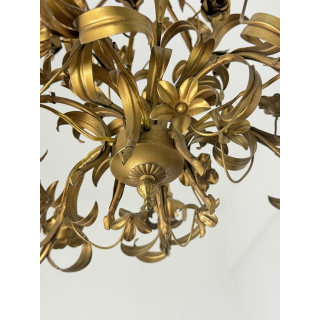 Six-Light Floral Chandelier in Gold Metal, Italy, 1960 For Sale - Image 6 of 8
