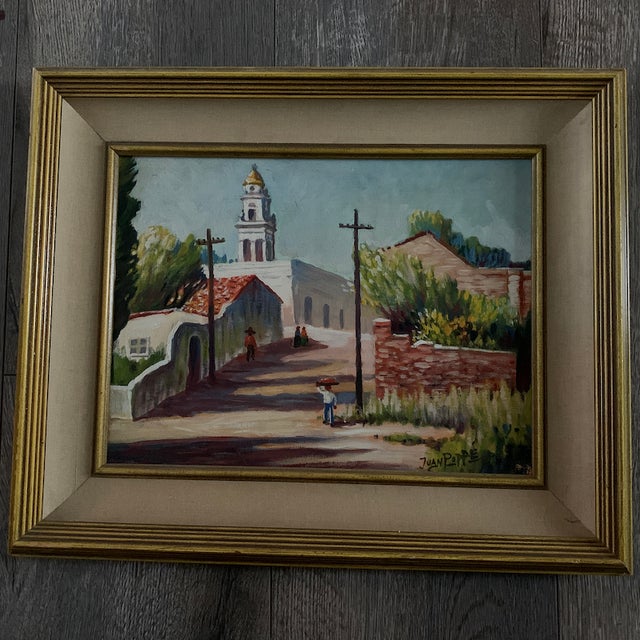 Mid 20th Century Village Scene with Church Painting, Framed For Sale - Image 4 of 4