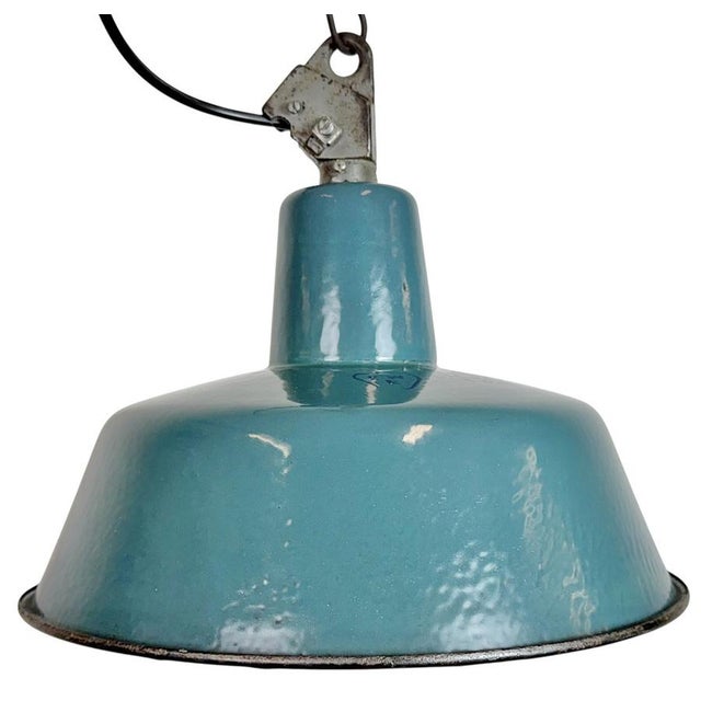 Industrial Petrol Enamel Factory Lamp with Cast Iron Top, 1960s For Sale - Image 6 of 18