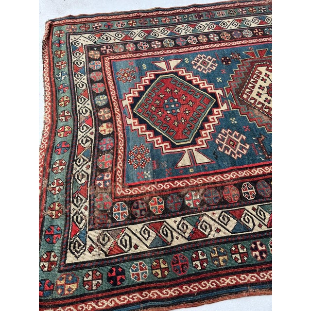 Blue Century Old Antique Kazak in Ocean Blue Amazing Greens Rug 4.8 x 7.8 For Sale - Image 8 of 11