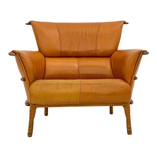 Cognac Leather and Palmwood Lounge Chair by Pacific Green, 1990s For Sale