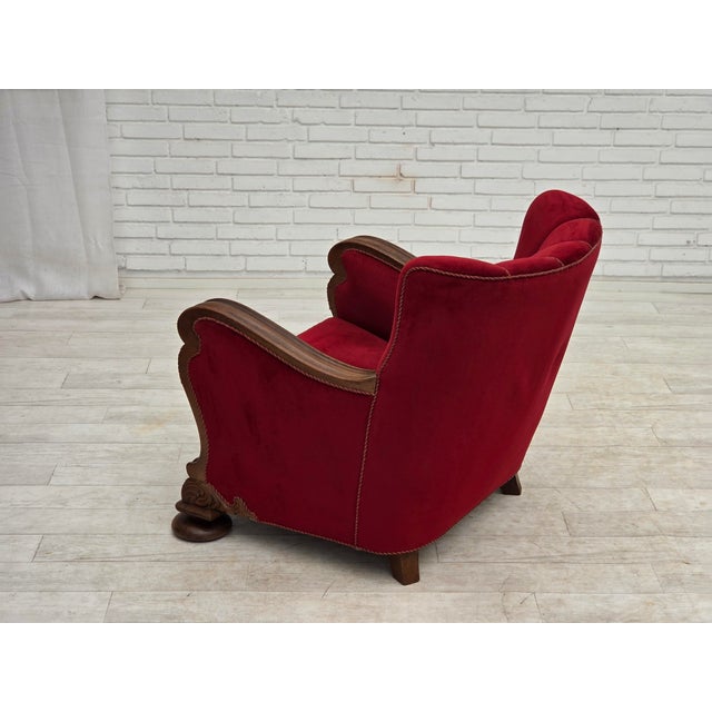 Danish Relax Armchair in Furniture Velour and Carved Oak Wood, 1950s For Sale - Image 12 of 18