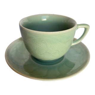 Vintage Celadon Longquan Koi Cup & Saucer Set- 2 Pieces For Sale
