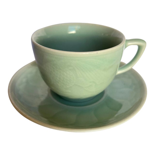 Vintage Celadon Longquan Koi Cup & Saucer Set- 2 Pieces For Sale