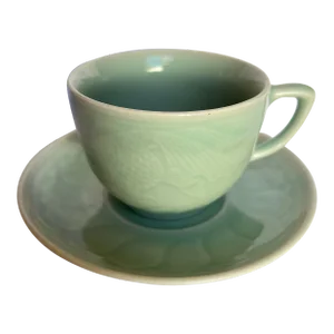 Vintage Celadon Longquan Koi Cup & Saucer Set- 2 Pieces