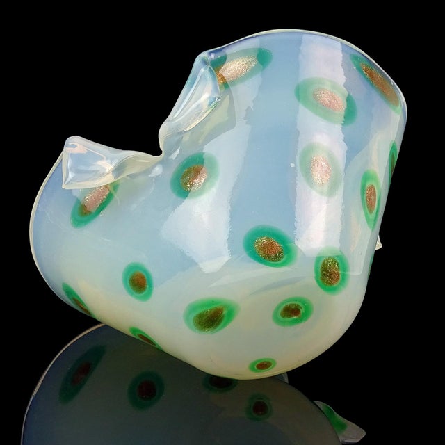 Vintage Fratelli Toso Murano Opalescent White Green Aventurine Spots Italian Art Glass Cut Rim Bowl For Sale - Image 12 of 12