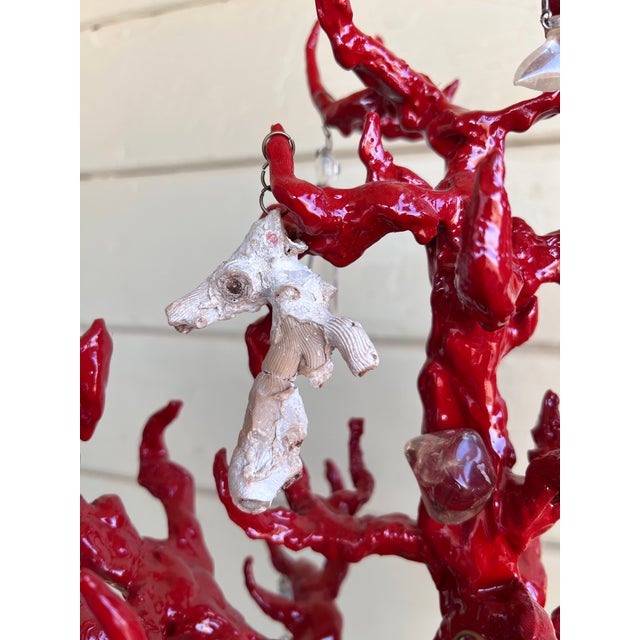 Red Wunderkammer-Style High-Quality Faux Red Coral Decorative Sculpture With Antique Pendants Handpainted Vase & Marble Base For Sale - Image 8 of 17