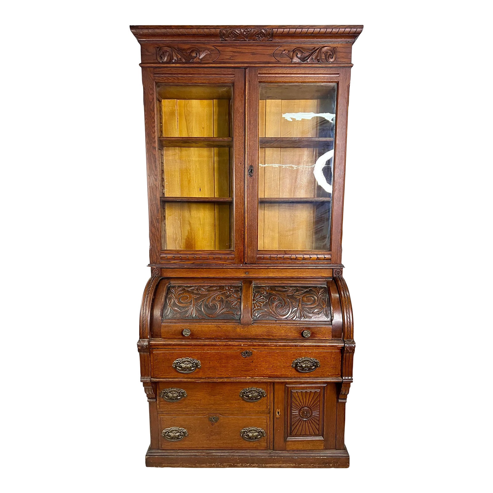 Antique Carved Cylinder Roll Top Secretary Desk With Bookcase Top