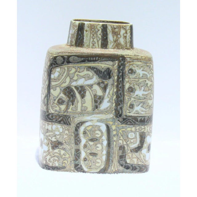 Baca vase from Royal Copenhagen, designer Nils Thorssen. Danish modern design of fish, flowers, and geometric grids in...