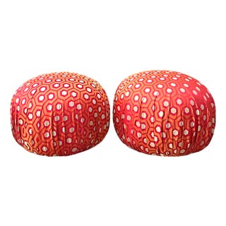 Vintage Geometric Fabric Poufs - Pair For Sale
