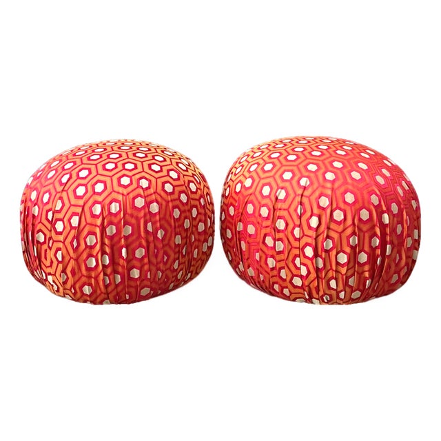 Vintage Geometric Fabric Poufs - Pair For Sale