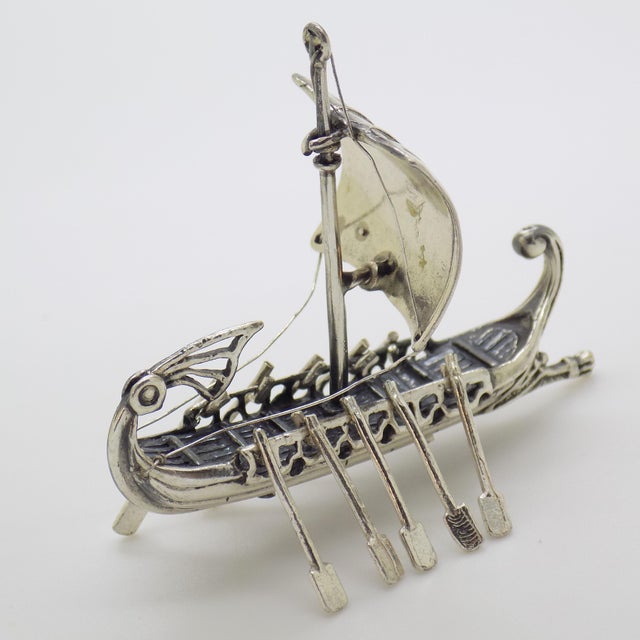Vintage Italian Handmade Genuine Silver Ancient Vessel Viking Ship Figurine, 1980s For Sale - Image 4 of 10