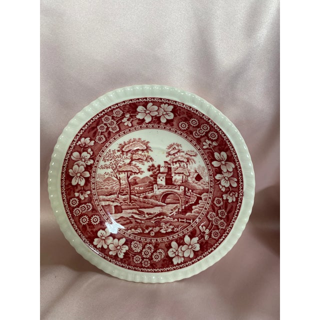 Spode Final Markdown. Rare Find; Spode “Pink Tower” Design English Transferware Tea Cup & Saucer Set for 4(8 Pcs)Charming Ring Shaped Handles on Tea Cups. For Sale - Image 4 of 12