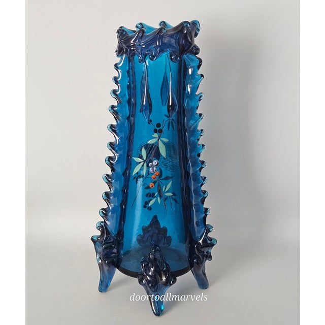 Late 19th Century Auguste Jean Antique Blue Footed Vase Art Nouveau Enamel Paint Berries Tall 12" For Sale - Image 5 of 17