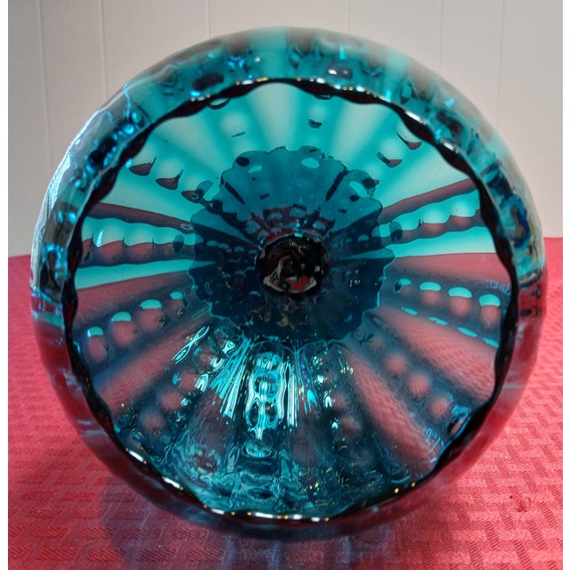 Glass 20thC. MCM Empoli Turquoise Optic Ribbed Glass Apothecary Jar, With Pedestal Base and Circus Tent Lid For Sale - Image 7 of 8